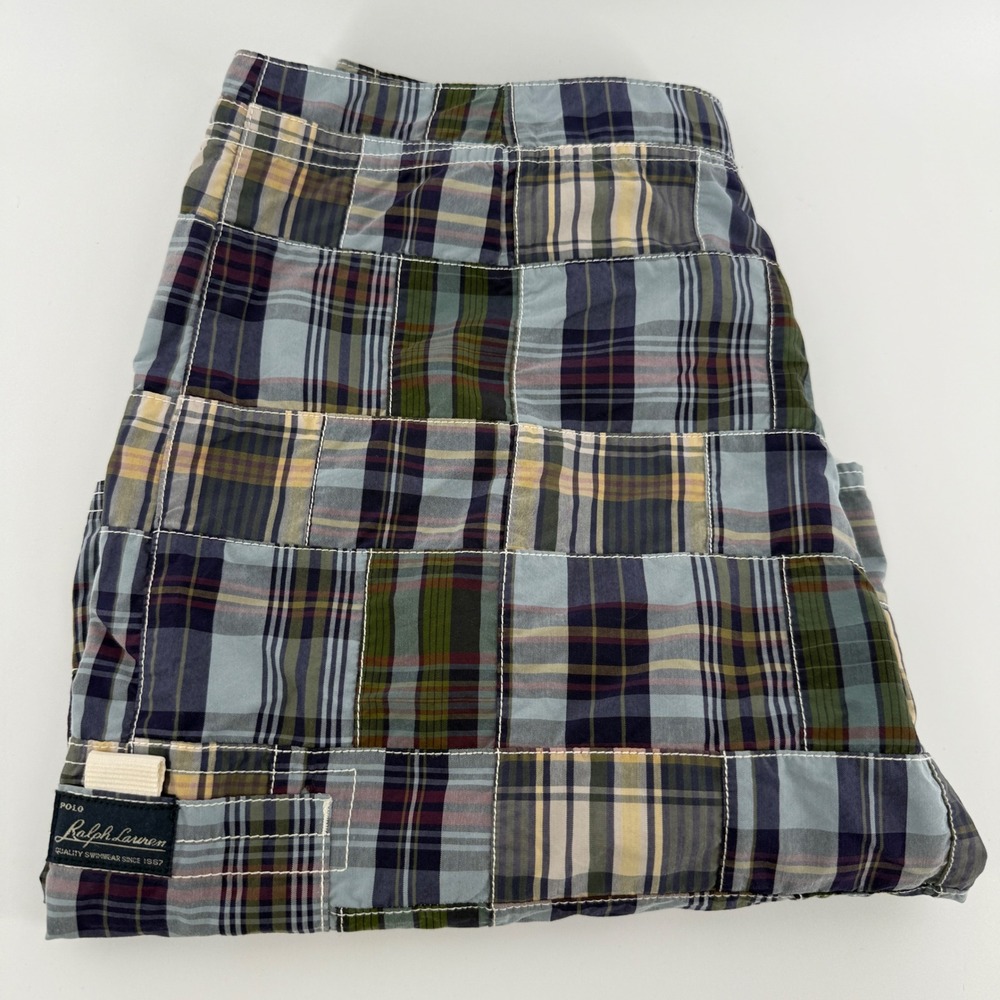 Polo Ralph Lauren Mens Patchwork Madras Plaid Swim Trunks Board Shorts Size 30